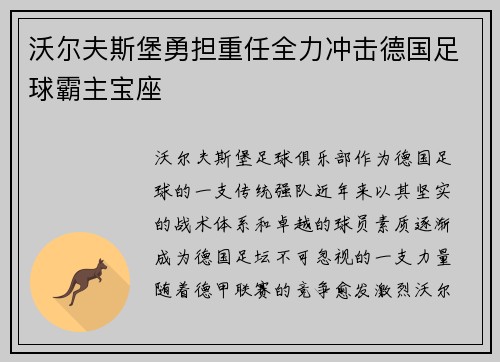 沃尔夫斯堡勇担重任全力冲击德国足球霸主宝座