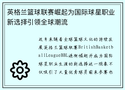 英格兰篮球联赛崛起为国际球星职业新选择引领全球潮流