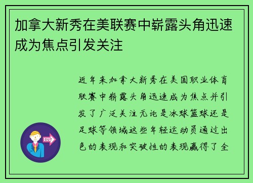 加拿大新秀在美联赛中崭露头角迅速成为焦点引发关注