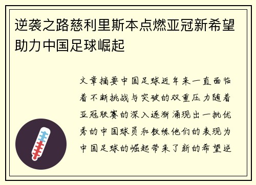 逆袭之路慈利里斯本点燃亚冠新希望助力中国足球崛起
